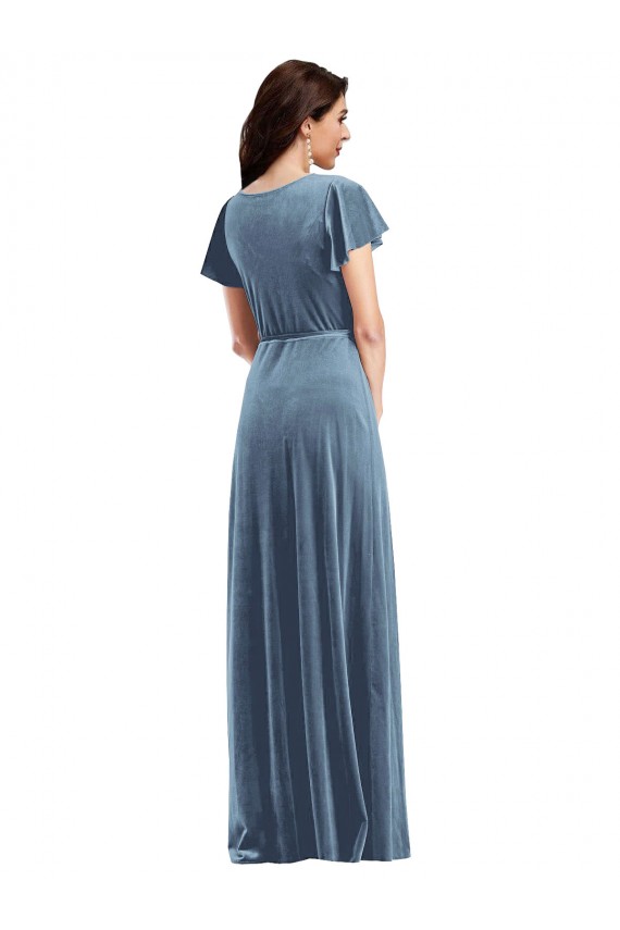 Desconto Azul Empoeirado Linha A Decote V Mangas Esvoaçantes Comprimento Chão Vestidos de Madrinha / Vestidos de Festa