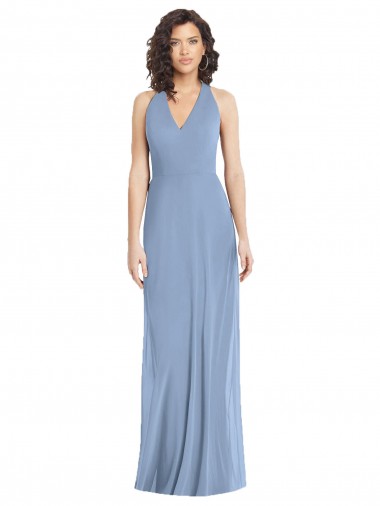 Desconto Azul Empoeirado Trombeta Cabeçada Sem Mangas Comprimento Chão Vestidos de Madrinha / Vestidos de Noite