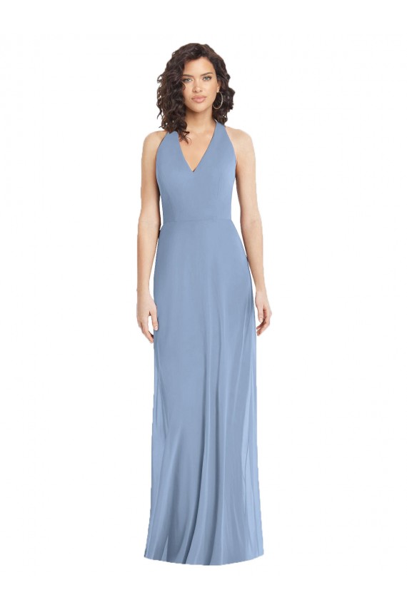 Desconto Azul Empoeirado Trombeta Cabeçada Sem Mangas Comprimento Chão Vestidos de Madrinha / Vestidos de Noite