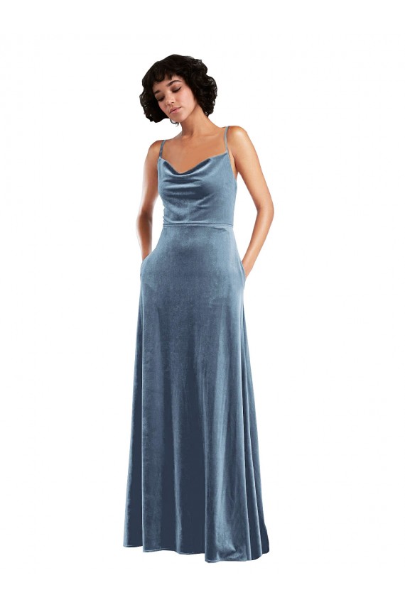 Desconto Azul Empoeirado Bainha Decote Capuz Sem Mangas Comprimento Chão Longo Vestidos de Madrinha / Vestidos de Festa