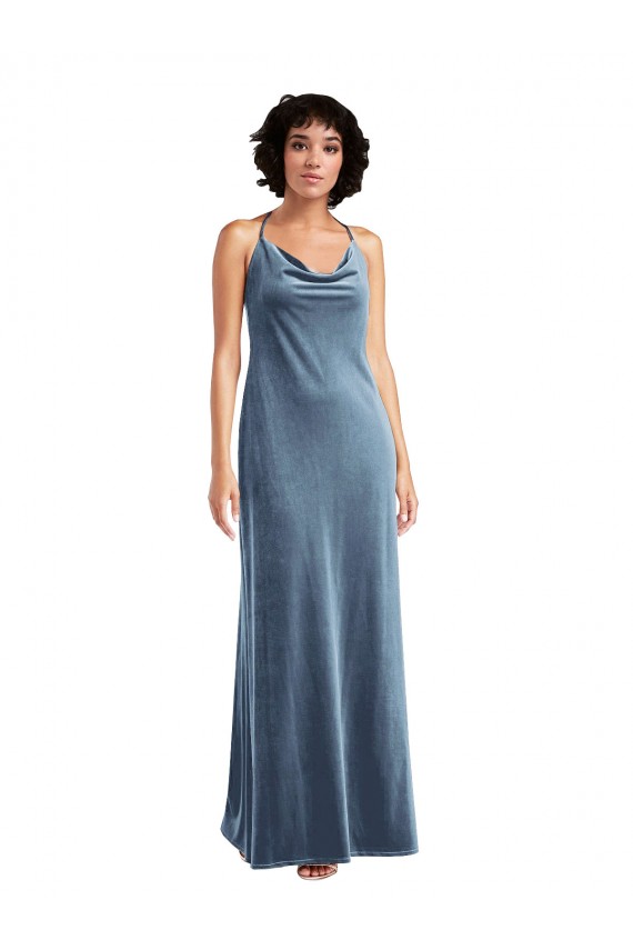 Desconto Azul Empoeirado Bainha Decote Capuz Sem Mangas Comprimento Chão Veludo Elástico Vestidos de Madrinha / Vestidos de Festa