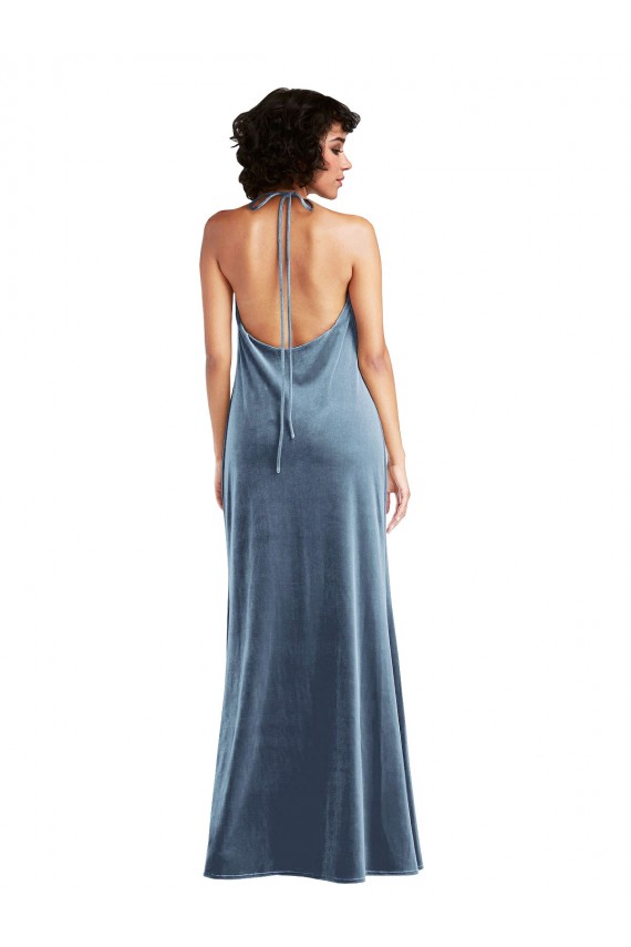 Desconto Azul Empoeirado Bainha Decote Capuz Sem Mangas Comprimento Chão Veludo Elástico Vestidos de Madrinha / Vestidos de Festa