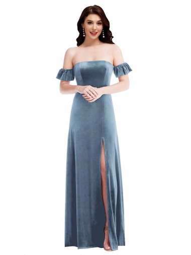 Desconto Azul Empoeirado Linha A Fora do Ombro Mangas Folhos Comprimento Chão Vestidos de Madrinha / Vestidos de Festa
