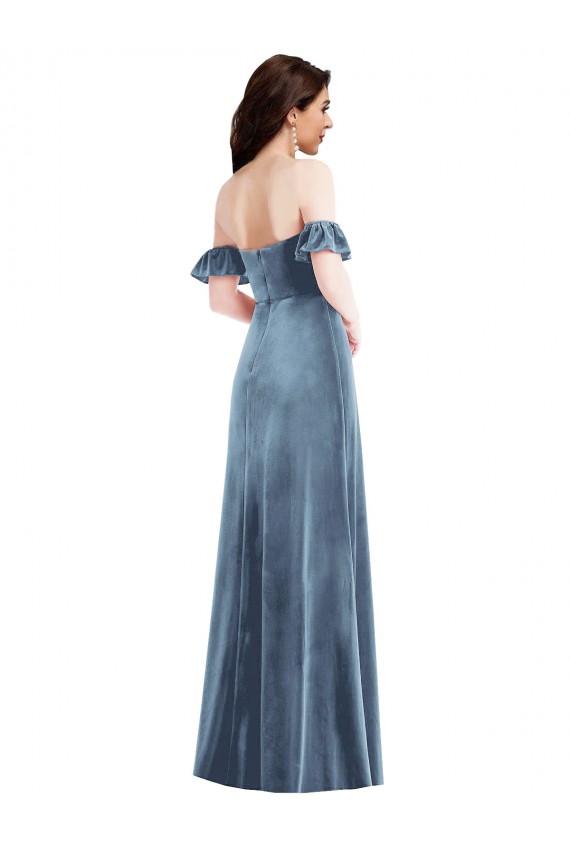 Desconto Azul Empoeirado Linha A Fora do Ombro Mangas Folhos Comprimento Chão Vestidos de Madrinha / Vestidos de Festa