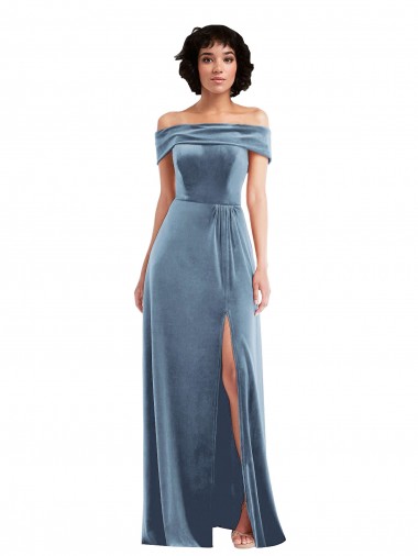 Desconto Azul Empoeirado Linha A Fora do Ombro Sem Mangas Comprimento Chão Veludo Elástico Vestidos de Madrinha / Vestidos de Festa