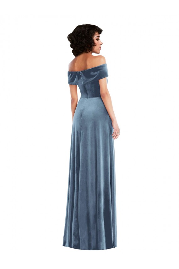 Desconto Azul Empoeirado Linha A Fora do Ombro Sem Mangas Comprimento Chão Veludo Elástico Vestidos de Madrinha / Vestidos de Festa