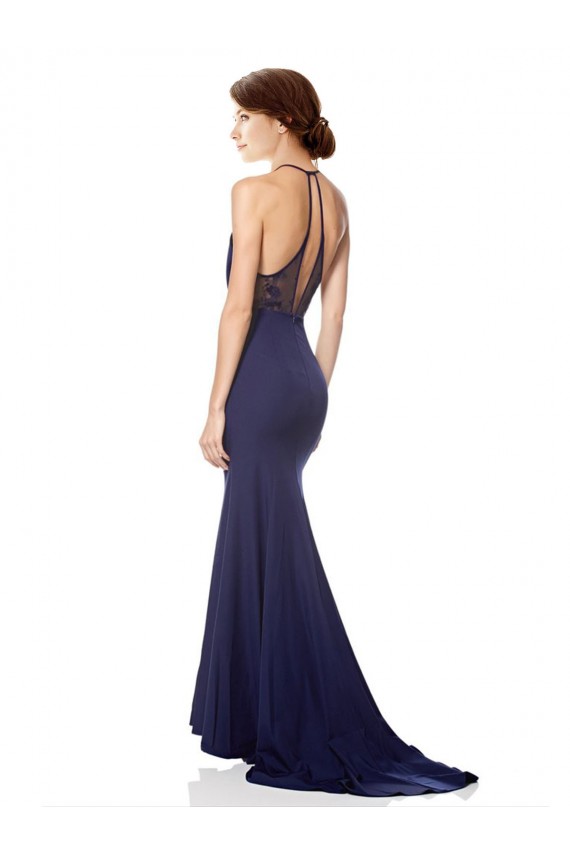 Desconto Azul Marinho Sereia Cabeçada Sem Mangas Comprimento Chão Longo Vestidos de Madrinha / Vestidos de Noite / Vestidos de Festa