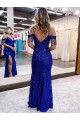 Desconto Azul Real Bainha Alças finas Sem Mangas Comprimento Chão Vestidos de Festa