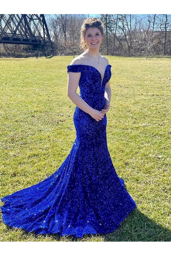 Desconto Azul Real Bainha Fora do Ombro Sem Mangas Comboio Varredela Vestidos de Festa