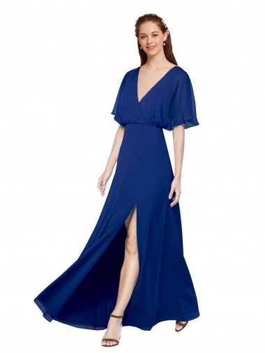 Desconto Azul Real Linha A Decote V Mangas Esvoaçantes Comprimento Chão Longo Vestidos de Madrinha