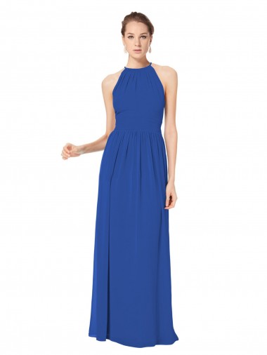 Desconto Azul Real Linha A Cabeçada Sem Mangas Comprimento Chão Vestidos de Madrinha
