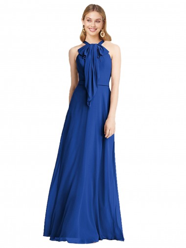 Desconto Azul Real Linha A Cabeçada Sem Mangas Comprimento Chão Longo Vestidos de Madrinha
