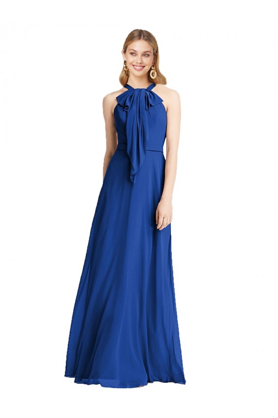 Desconto Azul Real Linha A Cabeçada Sem Mangas Comprimento Chão Longo Vestidos de Madrinha