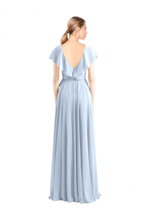 Desconto Azul Real Linha A Decote V Mangas Esvoaçantes Comprimento Chão Vestidos de Madrinha
