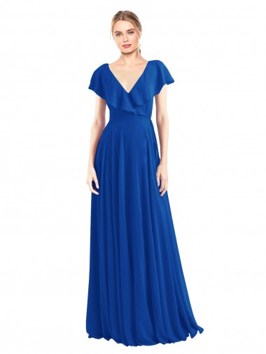 Desconto Azul Real Linha A Decote V Mangas Esvoaçantes Comprimento Chão Vestidos de Madrinha