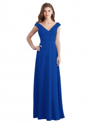 Desconto Azul Real Linha A Decote V Sem Mangas Comprimento Chão Chiffon Vestidos de Madrinha