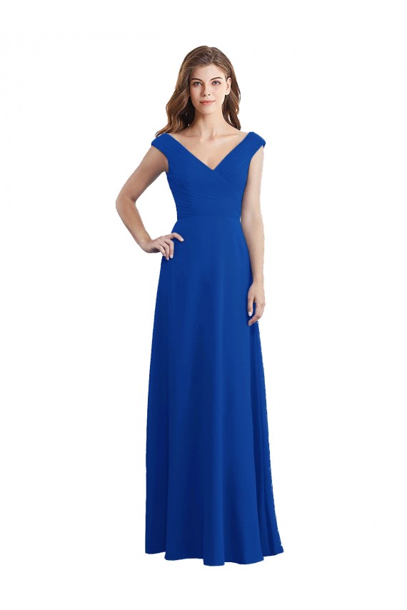 Desconto Azul Real Linha A Decote V Sem Mangas Comprimento Chão Chiffon Vestidos de Madrinha