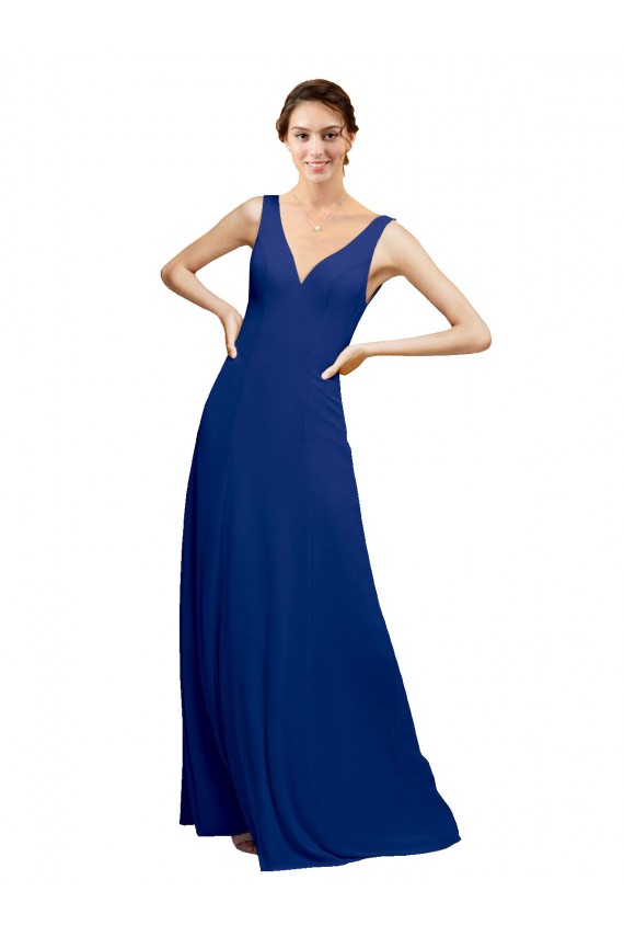 Desconto Azul Real Linha A Decote V Sem Mangas Comprimento Chão Longo Vestidos de Madrinha