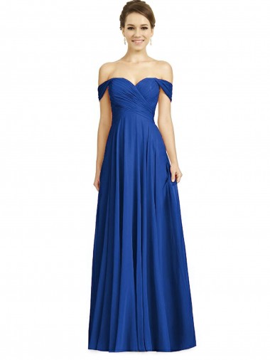 Desconto Azul Real Linha A Fora do Ombro Mangas Curtas Comprimento Chão Vestidos de Madrinha