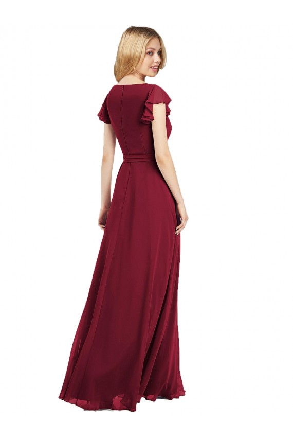 Desconto Azul Real Linha A Decote V Mangas Esvoaçantes Comprimento Chão Chiffon Vestidos de Madrinha