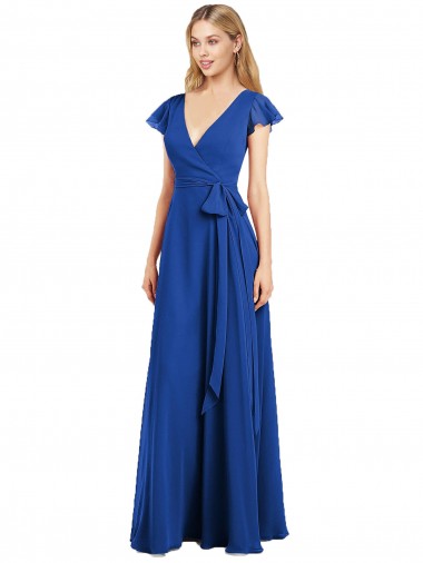 Desconto Azul Real Linha A Decote V Mangas Esvoaçantes Comprimento Chão Chiffon Vestidos de Madrinha