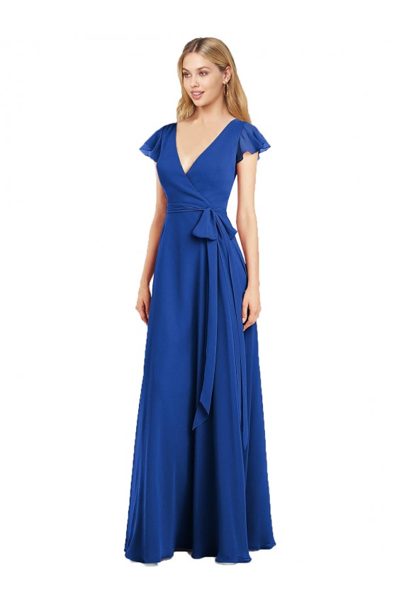 Desconto Azul Real Linha A Decote V Mangas Esvoaçantes Comprimento Chão Chiffon Vestidos de Madrinha