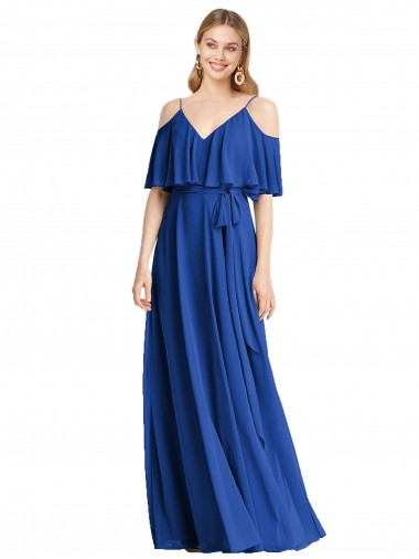 Desconto Azul Real Linha A Alças finas Ombro Frio Comprimento Chão Vestidos de Madrinha