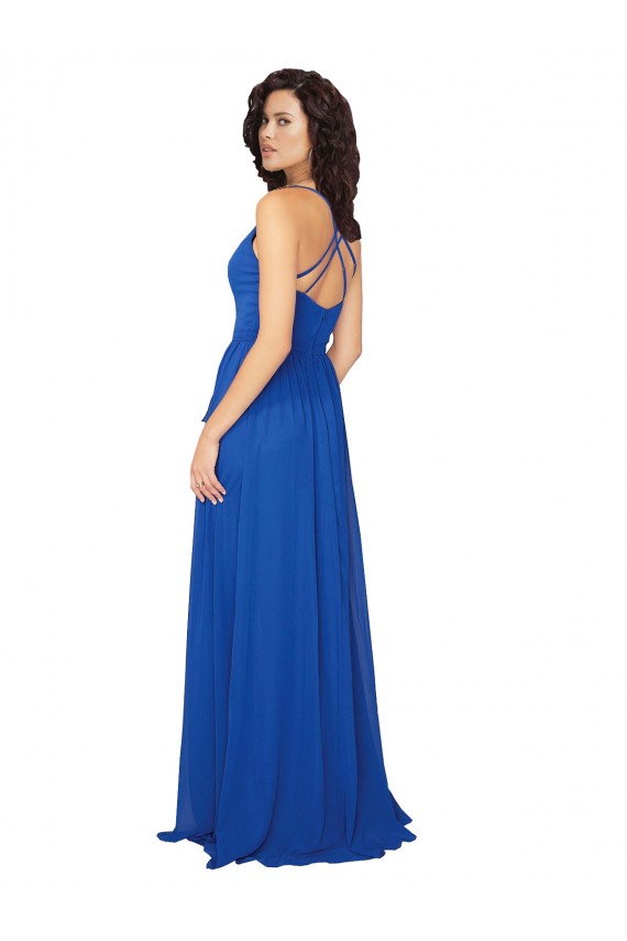 Desconto Azul Real Linha A Decote V Sem Mangas Comprimento Chão Criss Cruz Vestidos de Madrinha