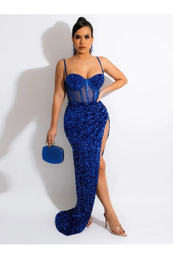 Desconto Azul Real Bainha Alças finas Sem Mangas Comboio Varredela Vestido de Festa / Vestido de Noiva