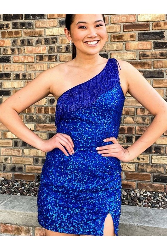 Desconto Azul Real Bainha Um Ombro Sem Mangas Curto Curto Vestidos de Festa