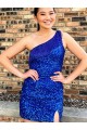 Desconto Azul Real Bainha Um Ombro Sem Mangas Curto Curto Vestidos de Festa
