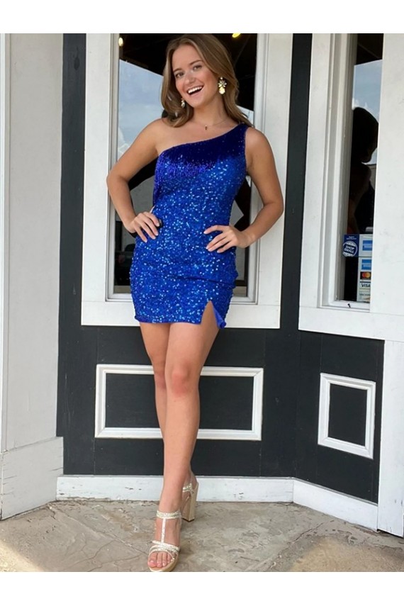 Desconto Azul Real Bainha Um Ombro Sem Mangas Curto Curto Vestidos de Festa
