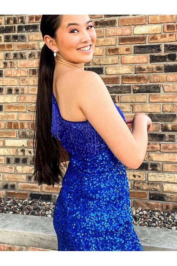 Desconto Azul Real Bainha Um Ombro Sem Mangas Curto Curto Vestidos de Festa