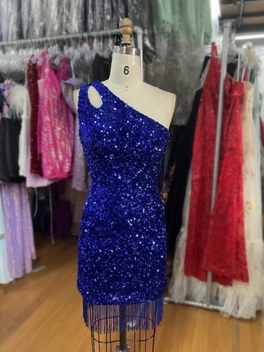 Desconto Azul Real Bainha Um Ombro Sem Mangas Curto Vestidos de Festa