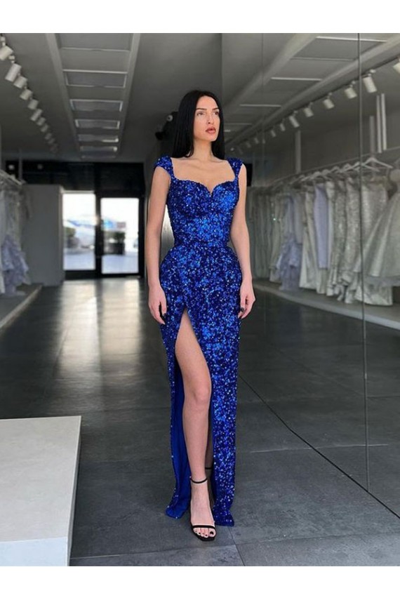 Desconto Azul Real Bainha Alças finas Sem Mangas Comboio Varredela Vestido de Festa