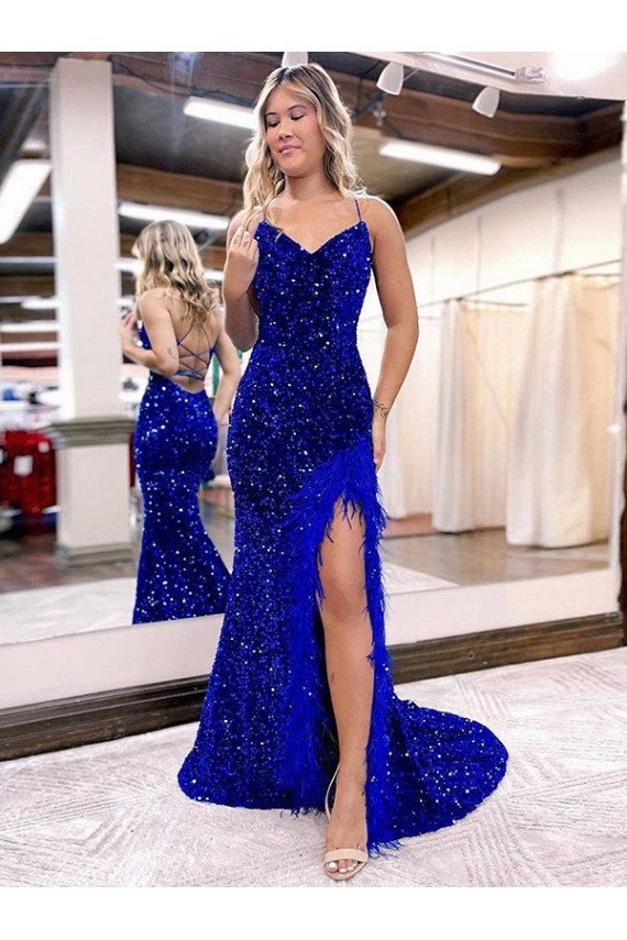 Desconto Azul Real Bainha Decote V Sem Mangas Comboio Varredela Vestido de Festa / Vestido de Madrinha