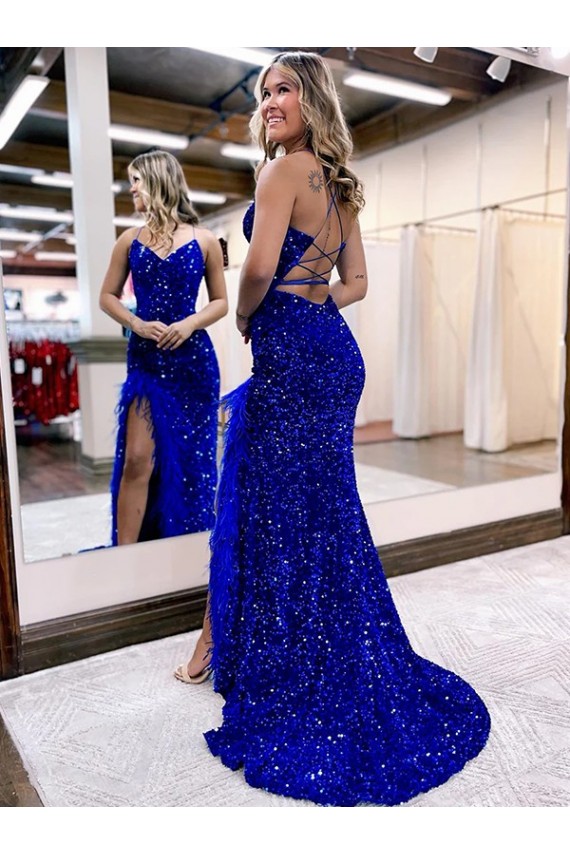 Desconto Azul Real Bainha Decote V Sem Mangas Comboio Varredela Vestido de Festa / Vestido de Madrinha