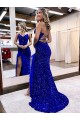 Desconto Azul Real Bainha Decote V Sem Mangas Comboio Varredela Vestido de Festa / Vestido de Madrinha