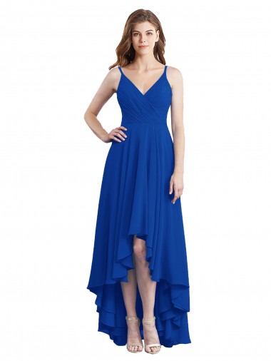 Desconto Azul Real Linha A Alças finas Sem Mangas Comprimento Chão Alto Baixo, Vestidos de Madrinha