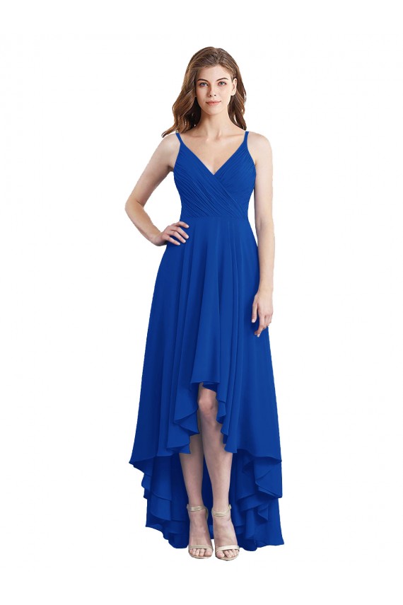 Desconto Azul Real Linha A Alças finas Sem Mangas Comprimento Chão Alto Baixo, Vestidos de Madrinha