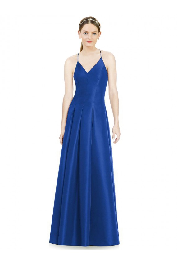 Desconto Azul Real Linha A Alças finas Sem Mangas Comprimento Chão Cetim Vestidos de Madrinha