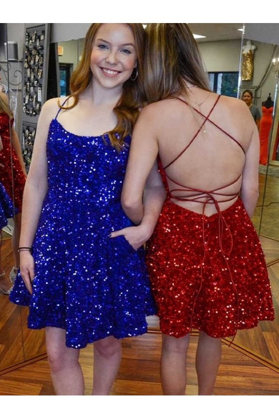 Desconto Azul Real Linha A Alças finas Sem Mangas Curto Vestidos de Festa