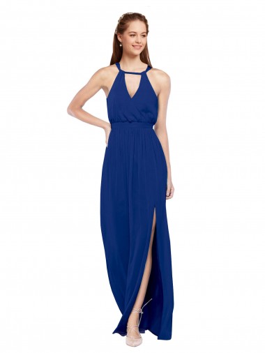 Desconto Azul Real Linha A Decote Alto Sem Mangas Comprimento Chão Vestidos de Madrinha