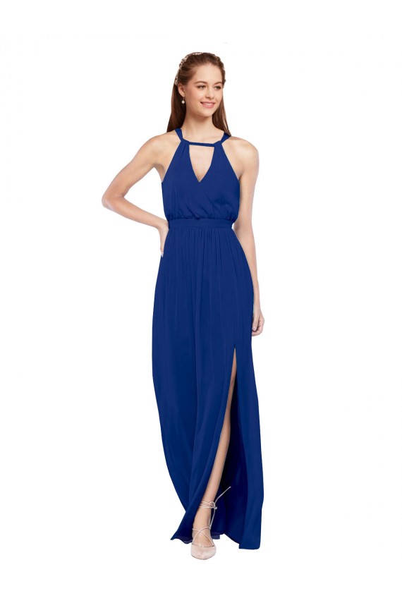 Desconto Azul Real Linha A Decote Alto Sem Mangas Comprimento Chão Vestidos de Madrinha