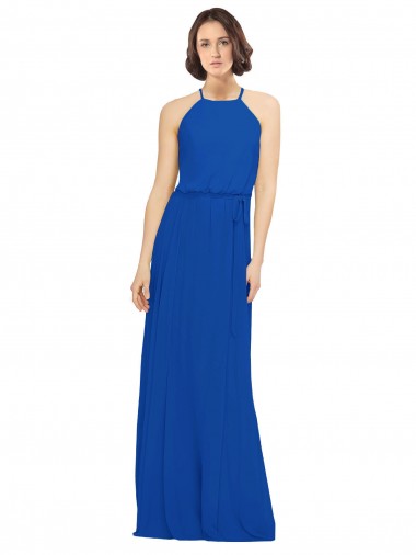 Desconto Azul Real Linha A Decote Joia Sem Mangas Comprimento Chão Vestidos de Madrinha