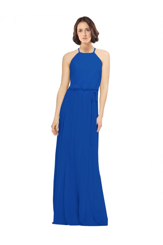 Desconto Azul Real Linha A Decote Joia Sem Mangas Comprimento Chão Vestidos de Madrinha