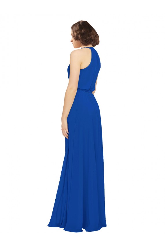 Desconto Azul Real Linha A Decote Joia Sem Mangas Comprimento Chão Vestidos de Madrinha