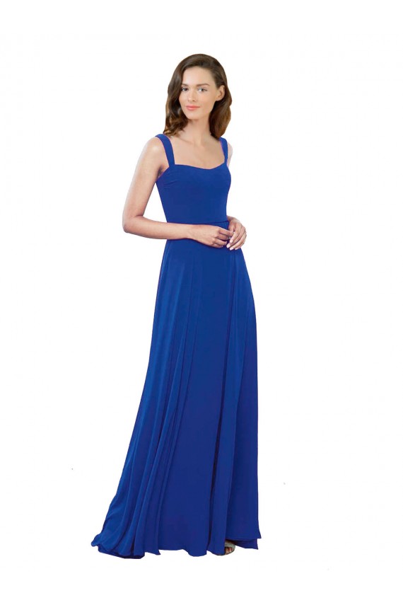 Desconto Azul Real Linha A Decote Quadrado Sem Mangas Comprimento Chão Vestidos de Madrinha