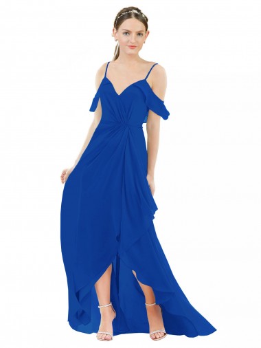 Desconto Azul Real Linha A Decote V Ombro Frio Comprimento Chão Alto Baixo, Vestidos de Madrinha