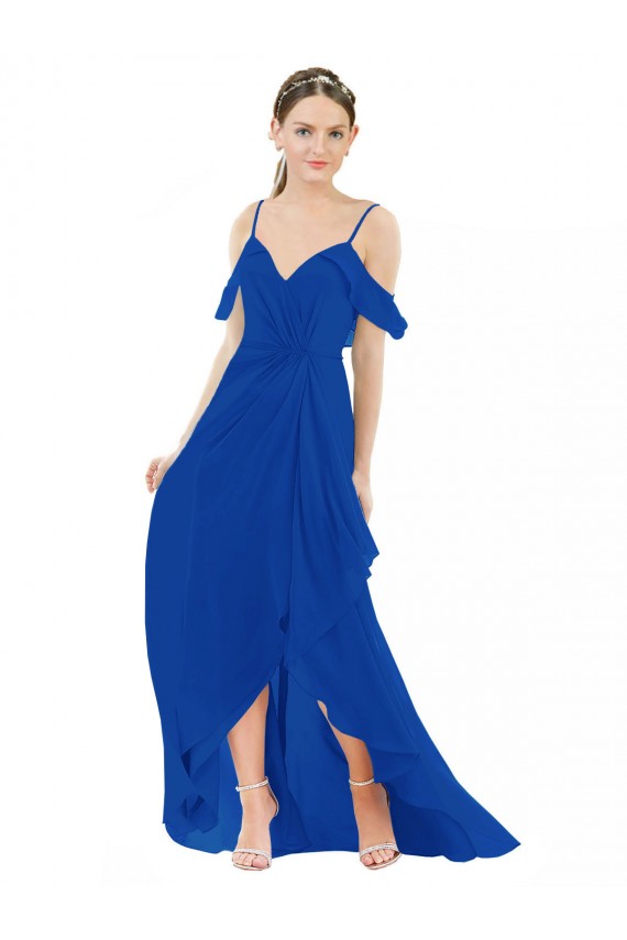 Desconto Azul Real Linha A Decote V Ombro Frio Comprimento Chão Alto Baixo, Vestidos de Madrinha